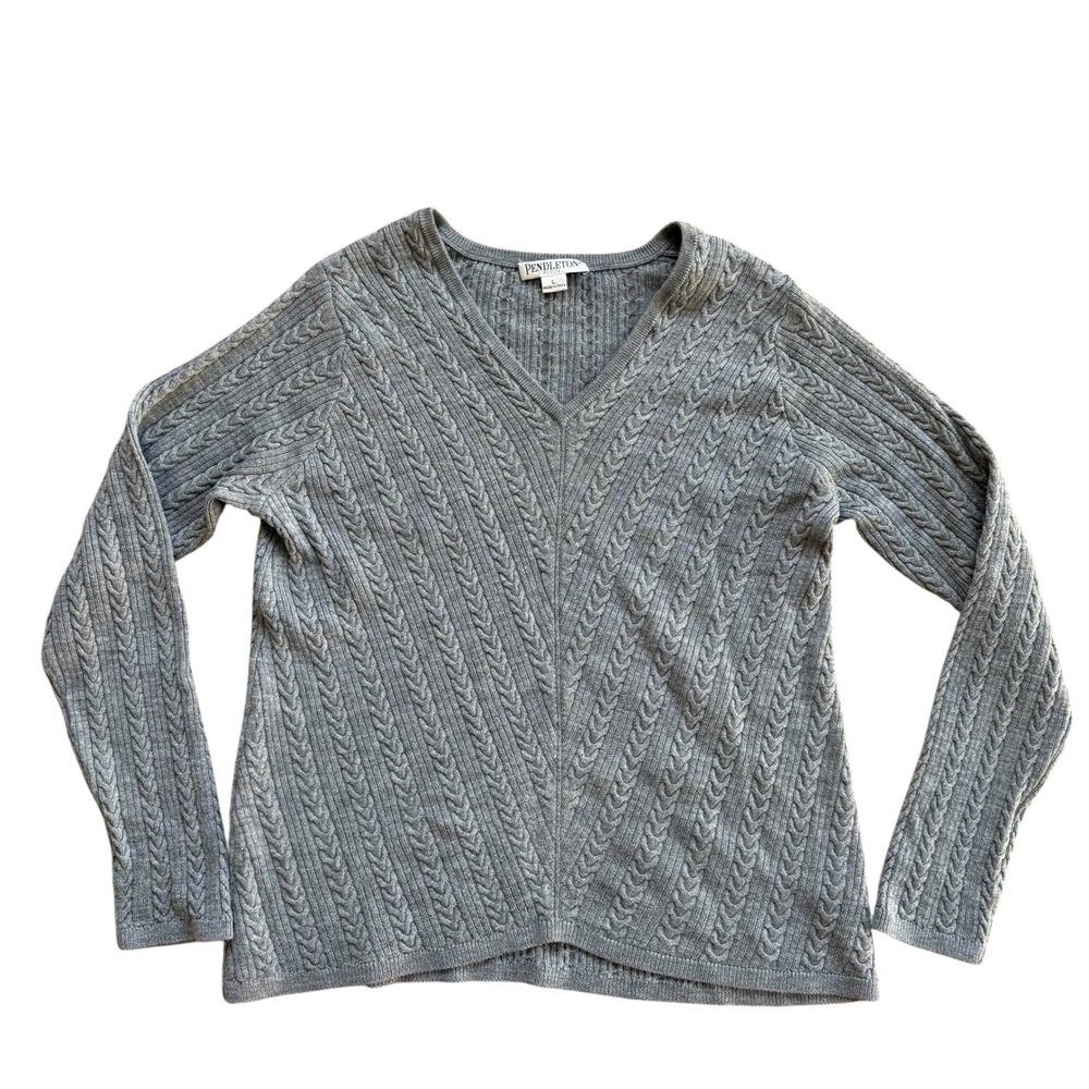 Pendleton Petite Gray 100% Merino Wool Cable Knit V-Neck Sweater Top - Women's L